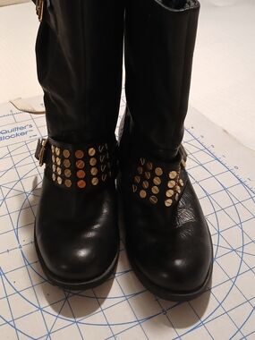 Jessica Simpson Black Studded Mid-Calf Boots with Gold Accents